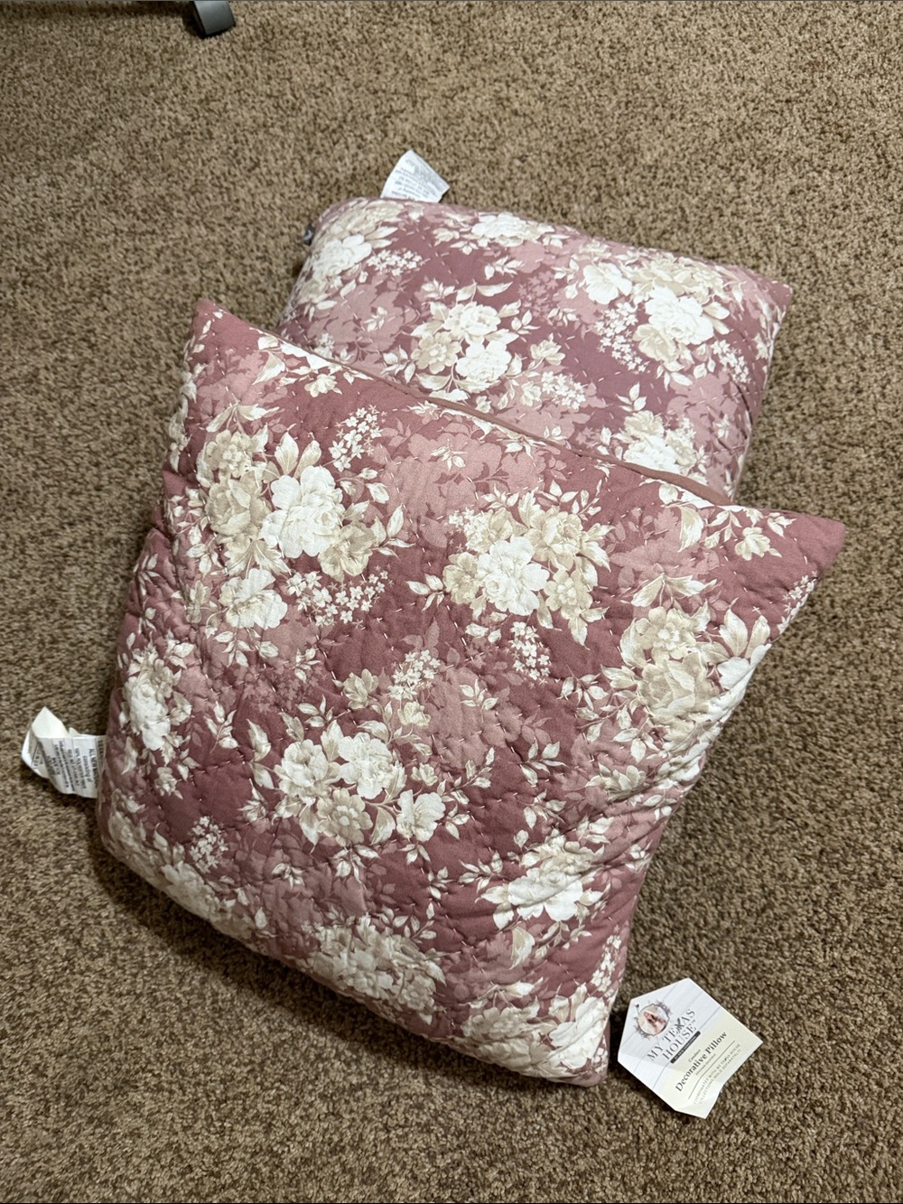 Floral Quilted Throw Pillow Pair - Rose and Cream set of two